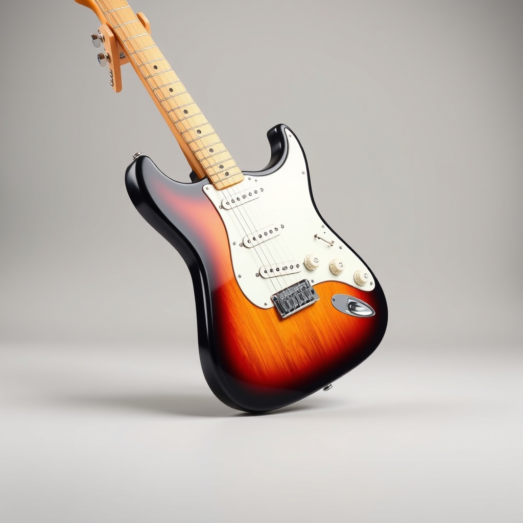 A clean photorealistic photo of a Fender Player II Stratocaster in 3-Color Sunburst finish