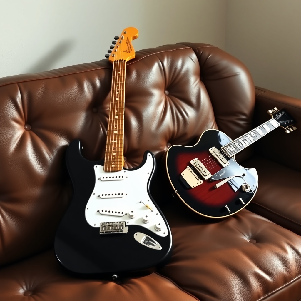 <clean photorealistic photo of a Fender Player II Stratocaster and a Gibson Les Paul Stand