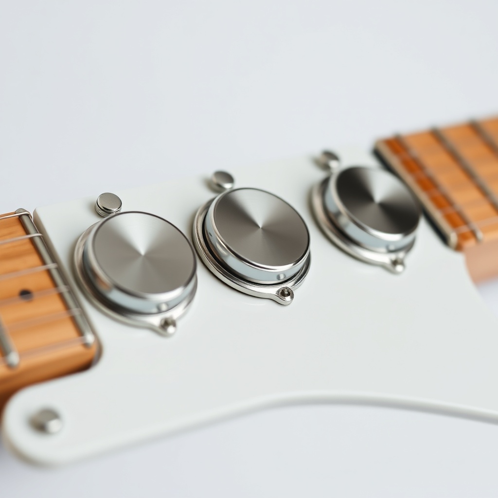 Close-up shot of a three-pickup assembly mounted on a white pickguard with a maple fretboa