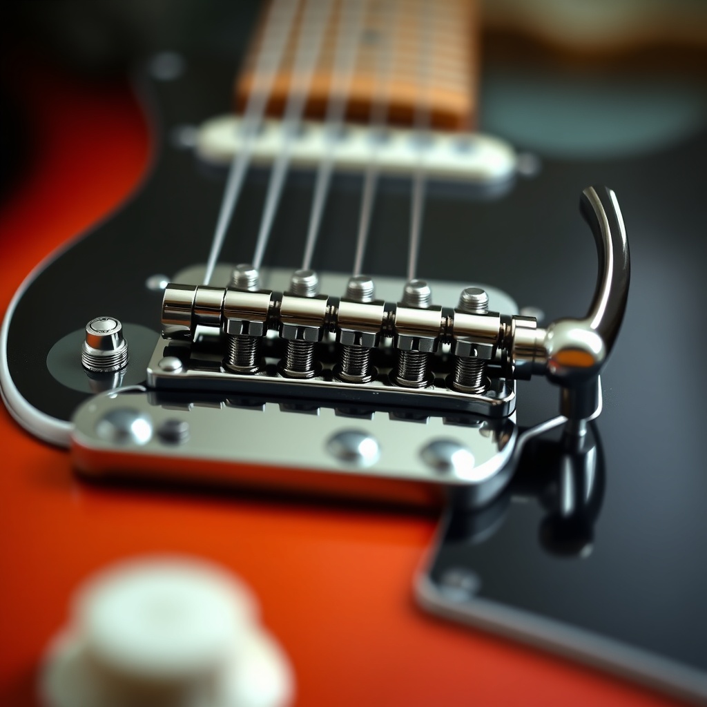 Macro photograph of a 6-screw tremolo bridge on a sunburst stratocaster