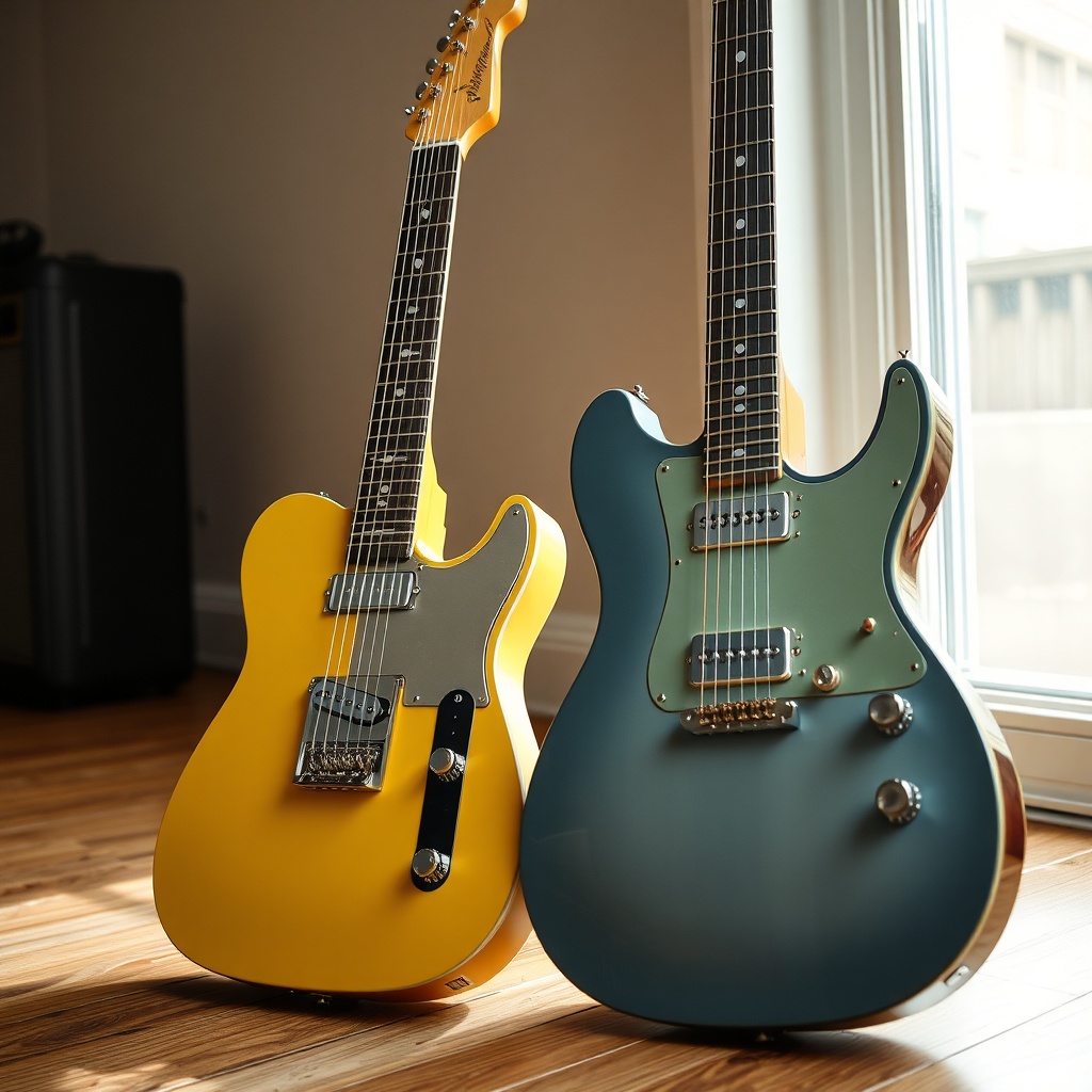 Hyper-realistic photo of a Fender Player II Telecaster (Butterscotch Blonde) and a PRS SE
