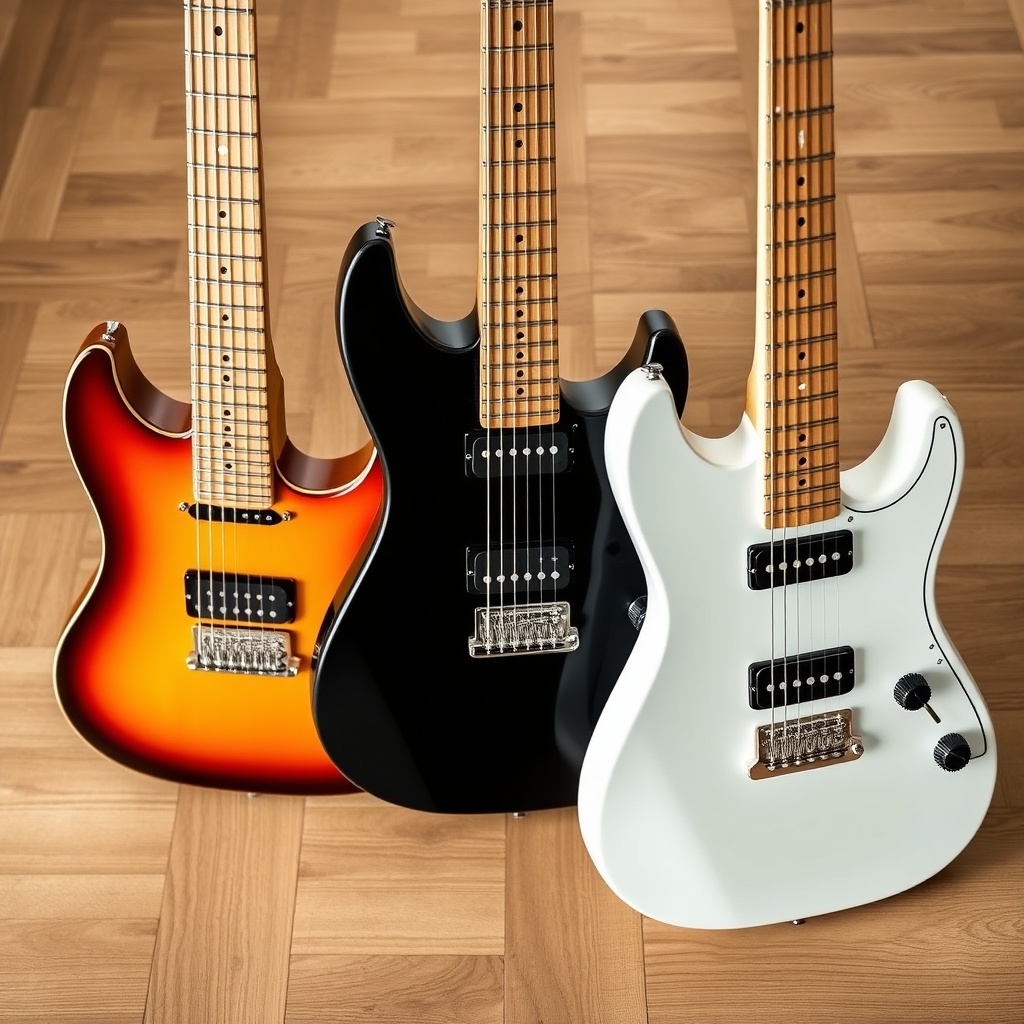 A clean photorealistic photo of three GearTune TN Series guitars side-by-side on a wooden