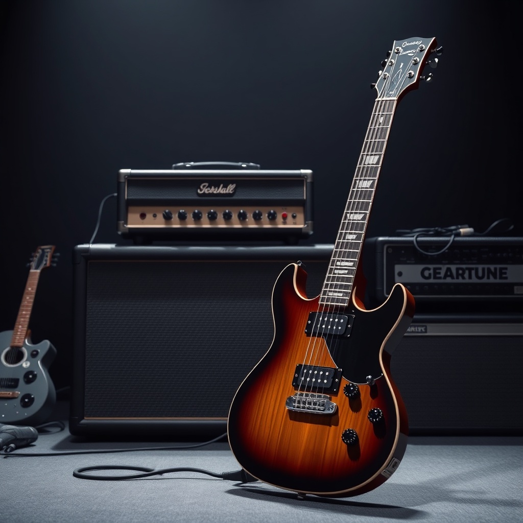 <clean photorealistic photo/illustration of a GearTune TN Series guitar in HSS configurati