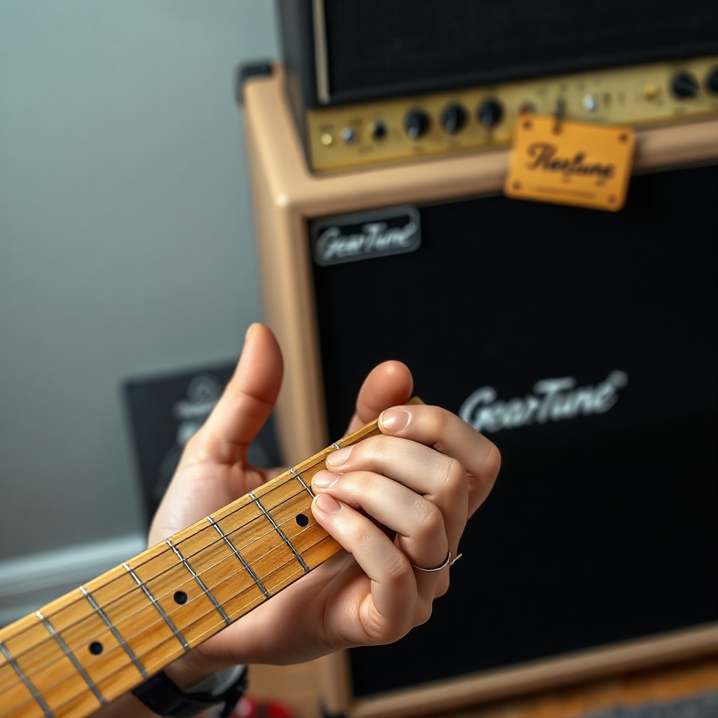 <clean photorealistic photo/illustration of a guitar player's hands holding a GearTune TN