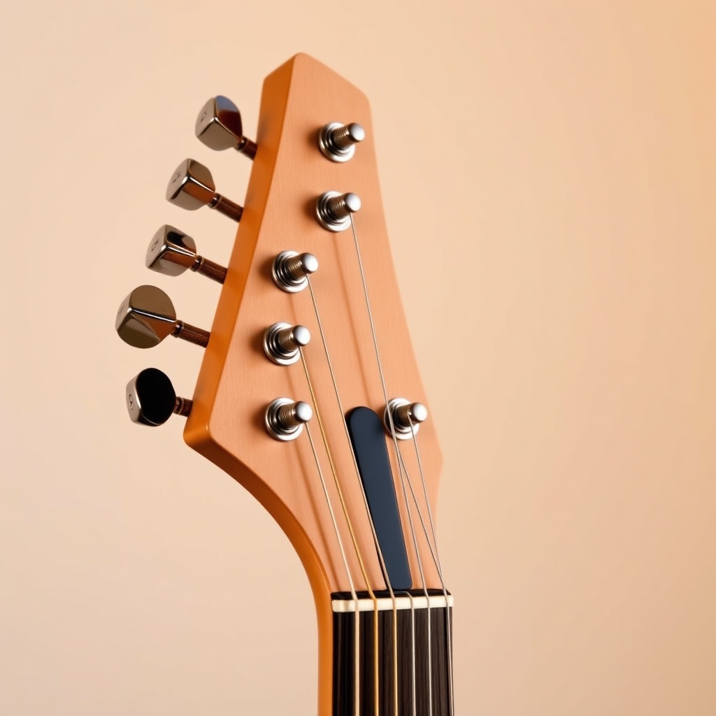 <A photorealistic close-up of a GearTune TN Series headstock with tuning pegs