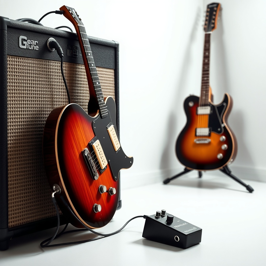 <A photorealistic image of a GearTune TN Series guitar plugged into an amplifier with a no