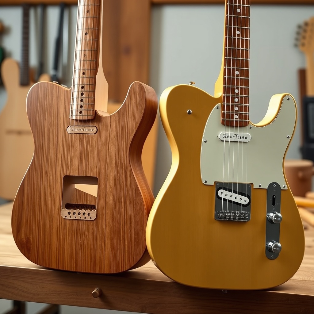 <photorealistic photo of a GearTune TN Series guitar body side by side with a Fender Playe
