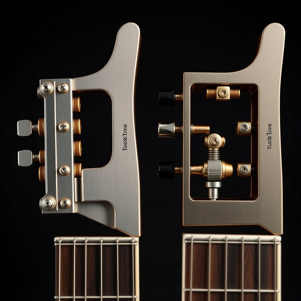 <photorealistic photo of a GearTune TN Series fixed bridge and tremolo bridge side by side