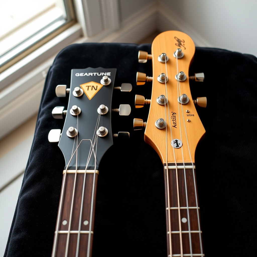 A clean photorealistic close-up photo of a GearTune TN Series headstock with locking tuner