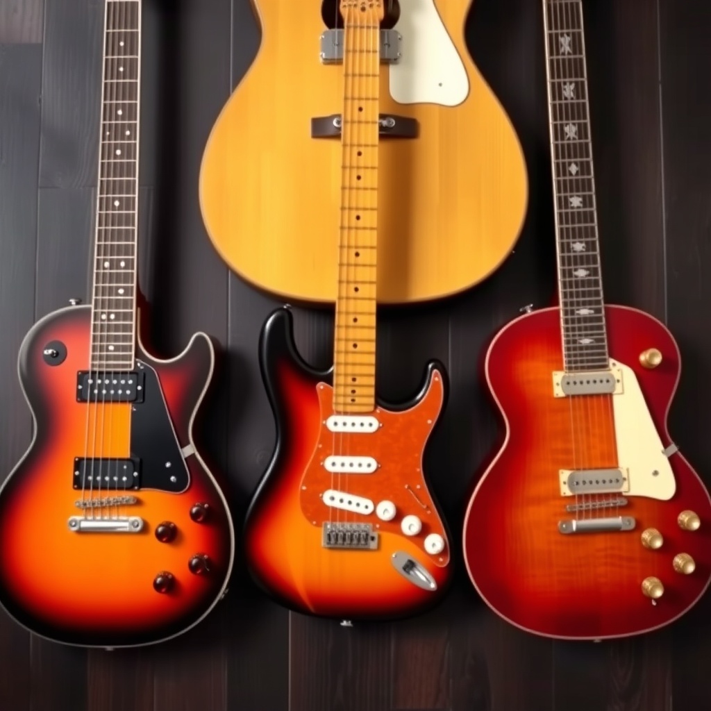 A clean photorealistic photo showing three guitars side-by-side: a sunburst GearTune TN Se