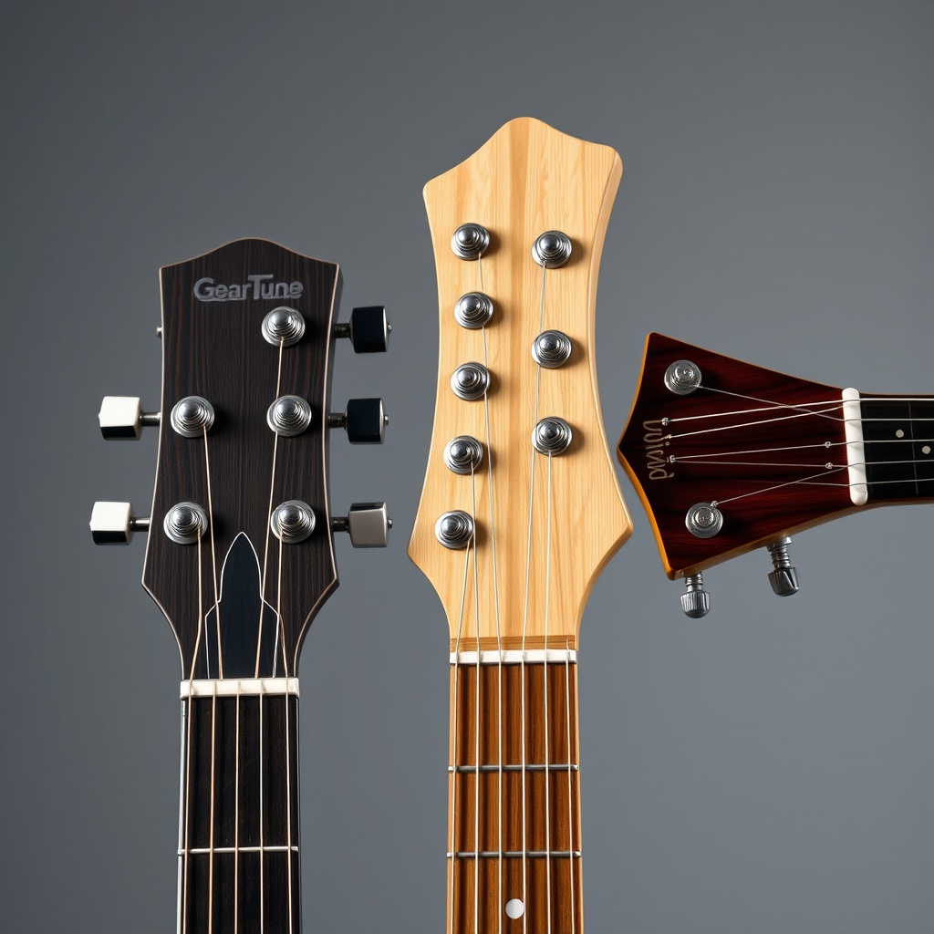 A clean photorealistic close-up showing the necks and headstocks of the GearTune TN Series