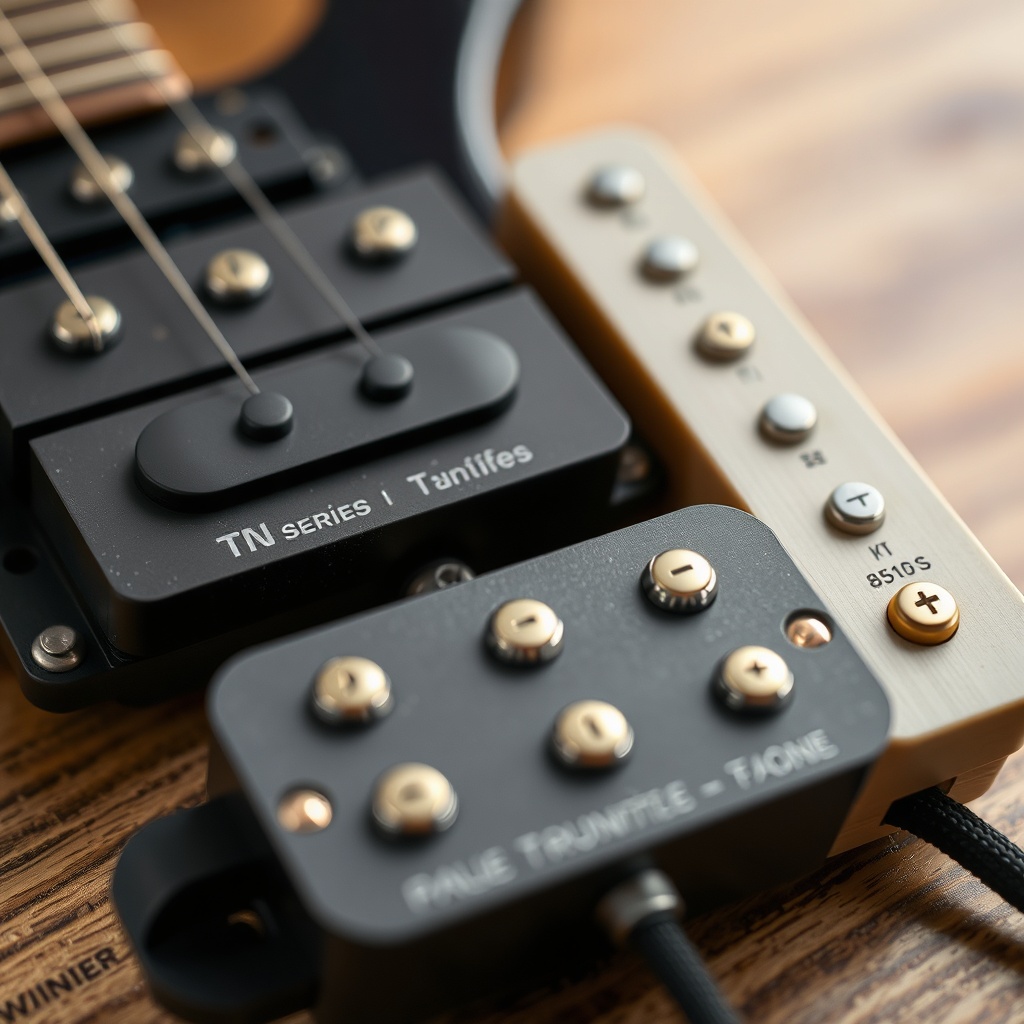 Close-up macro shot of GearTune TN Series dual humbuckers with exposed pole pieces and cop