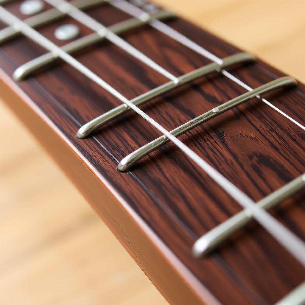 Close-up of a GearTune TN Series fretboard with visible fret edge protrusion near the 12th