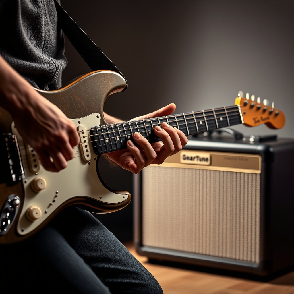 Photorealistic shot of a GearTune TN Series guitar being played through a vintage-inspired