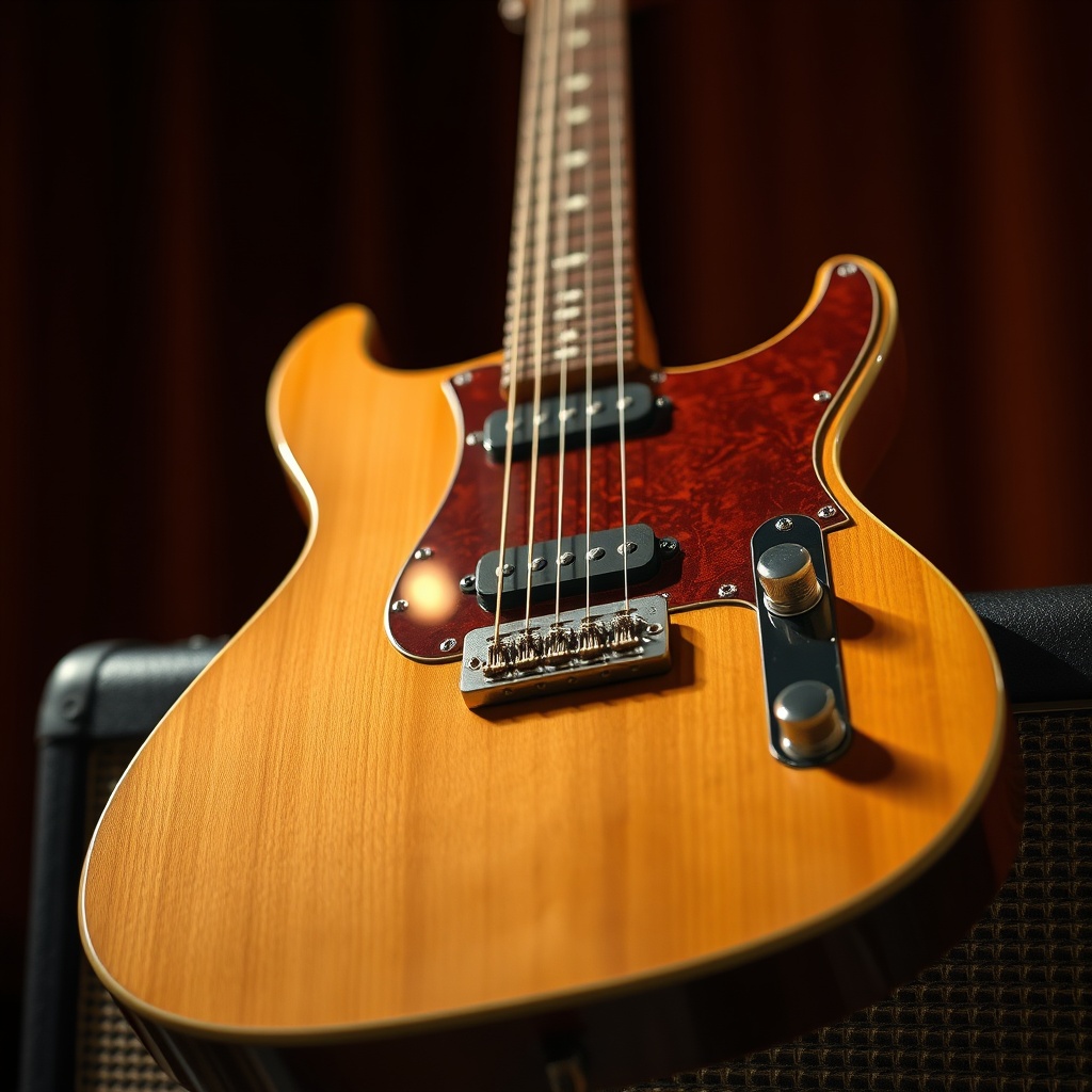 A close-up shot of a GearTune TN Series guitar resting on a vintage amplifier