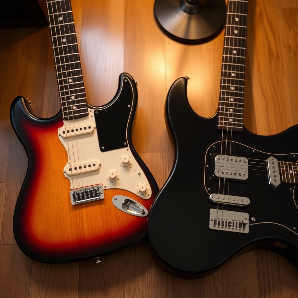 A photorealistic close-up of the pickups and pickguard area of a GearTune TN Series and a