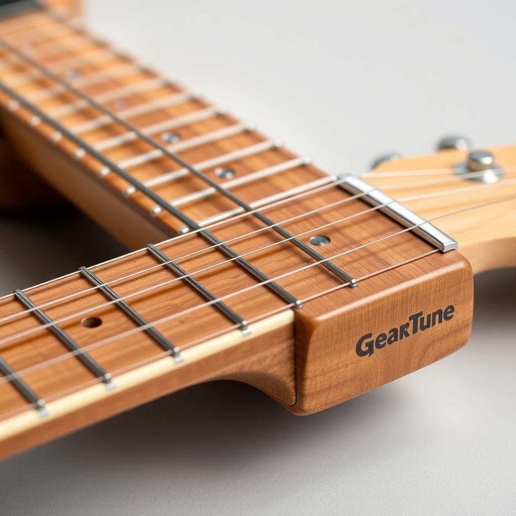 <clean photorealistic photo of a GearTune TN Series guitar neck close-up showing stainless