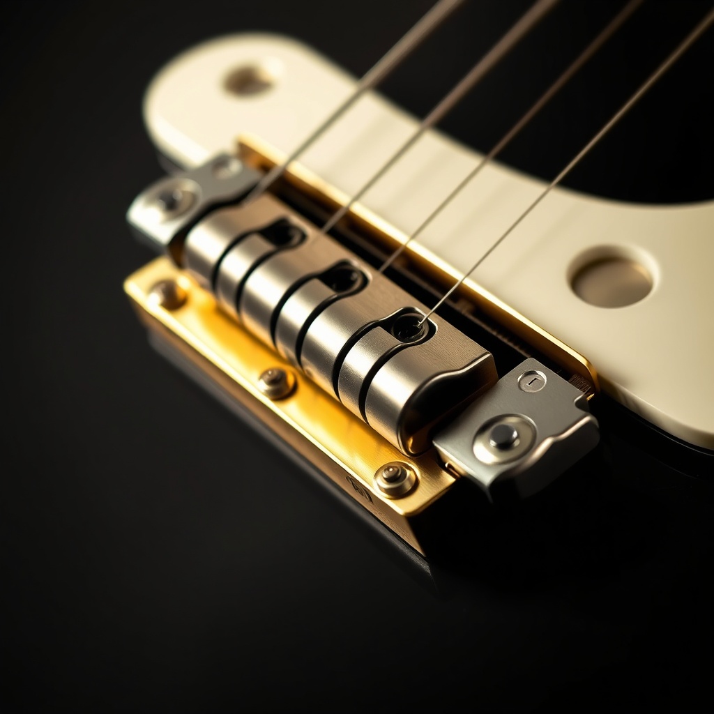 <clean photorealistic photo of a GearTune TN Series guitar tremolo bridge close-up showing