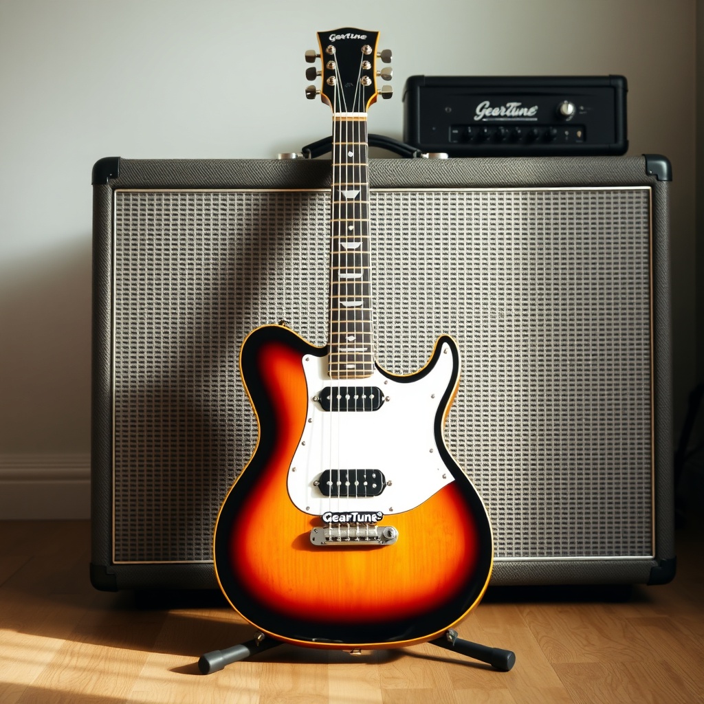 A clean photorealistic photo of a GearTune TN-200 double-cut electric guitar in sunburst f