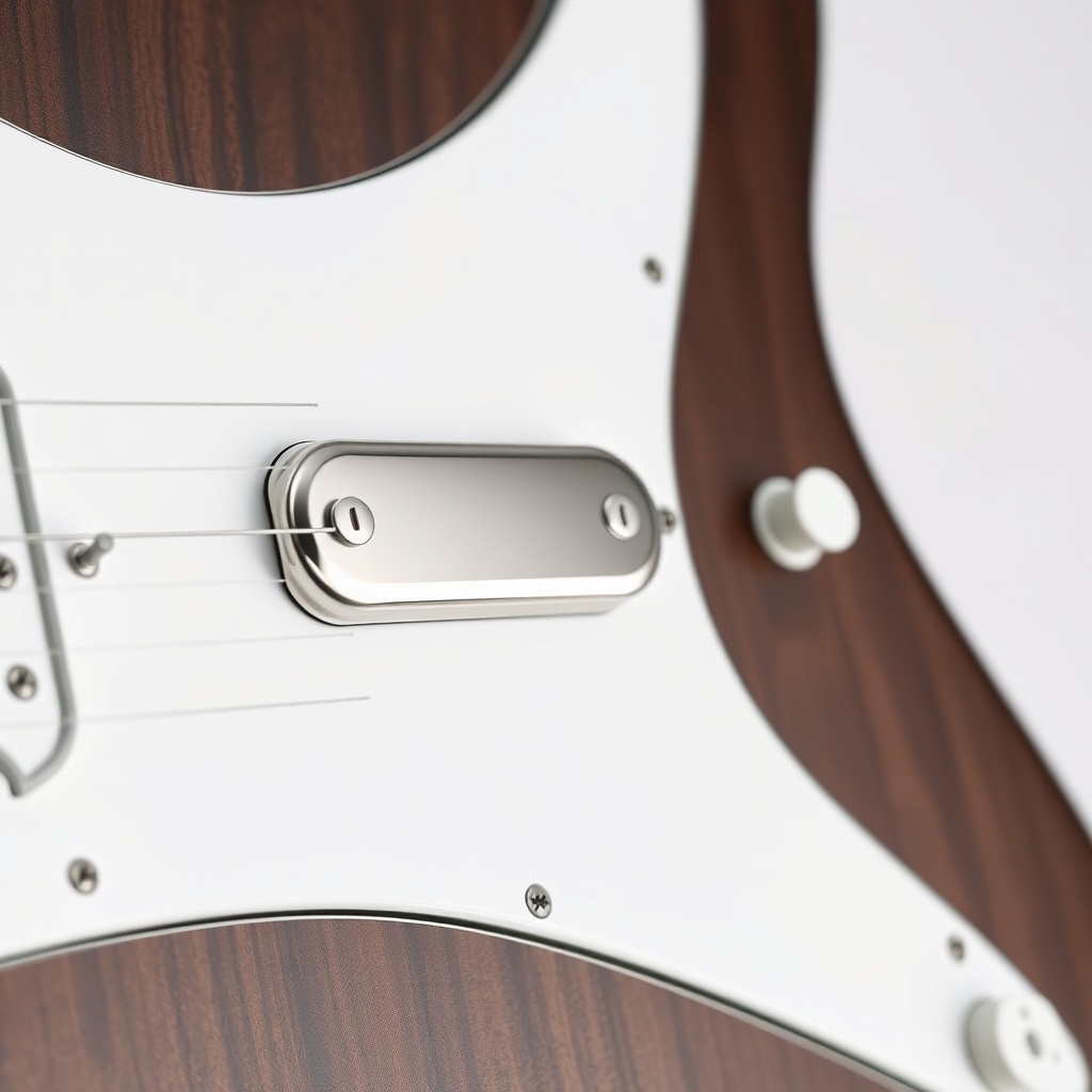 A photorealistic close-up of a GearTune TN Series guitar's pickguard showing a white HSS p