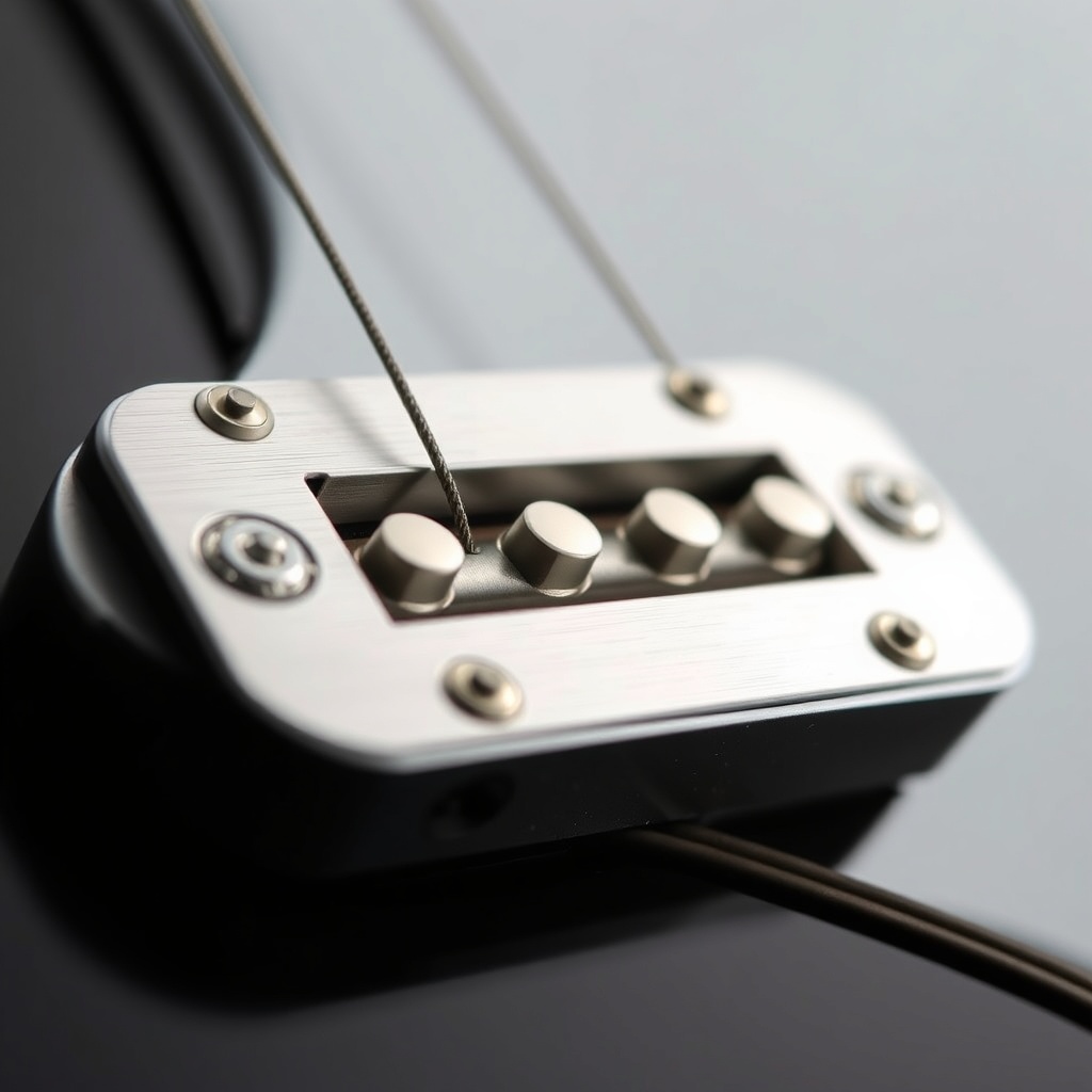 Close-up macro shot of a GearTune TN Series bridge pickup with exposed pole pieces and sil