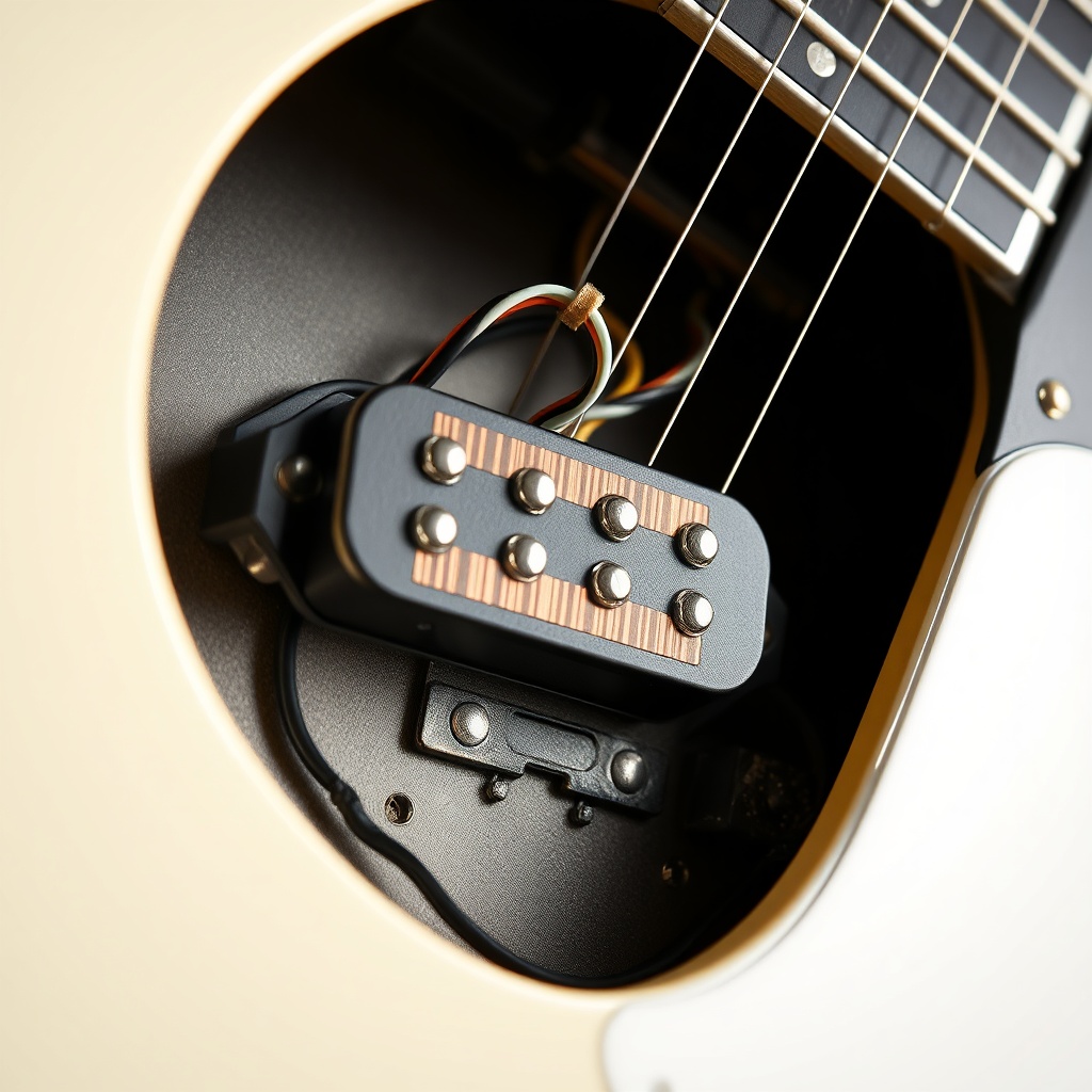 Photorealistic shot of a guitar cavity showing a GearTune TN Series pickup with star-groun
