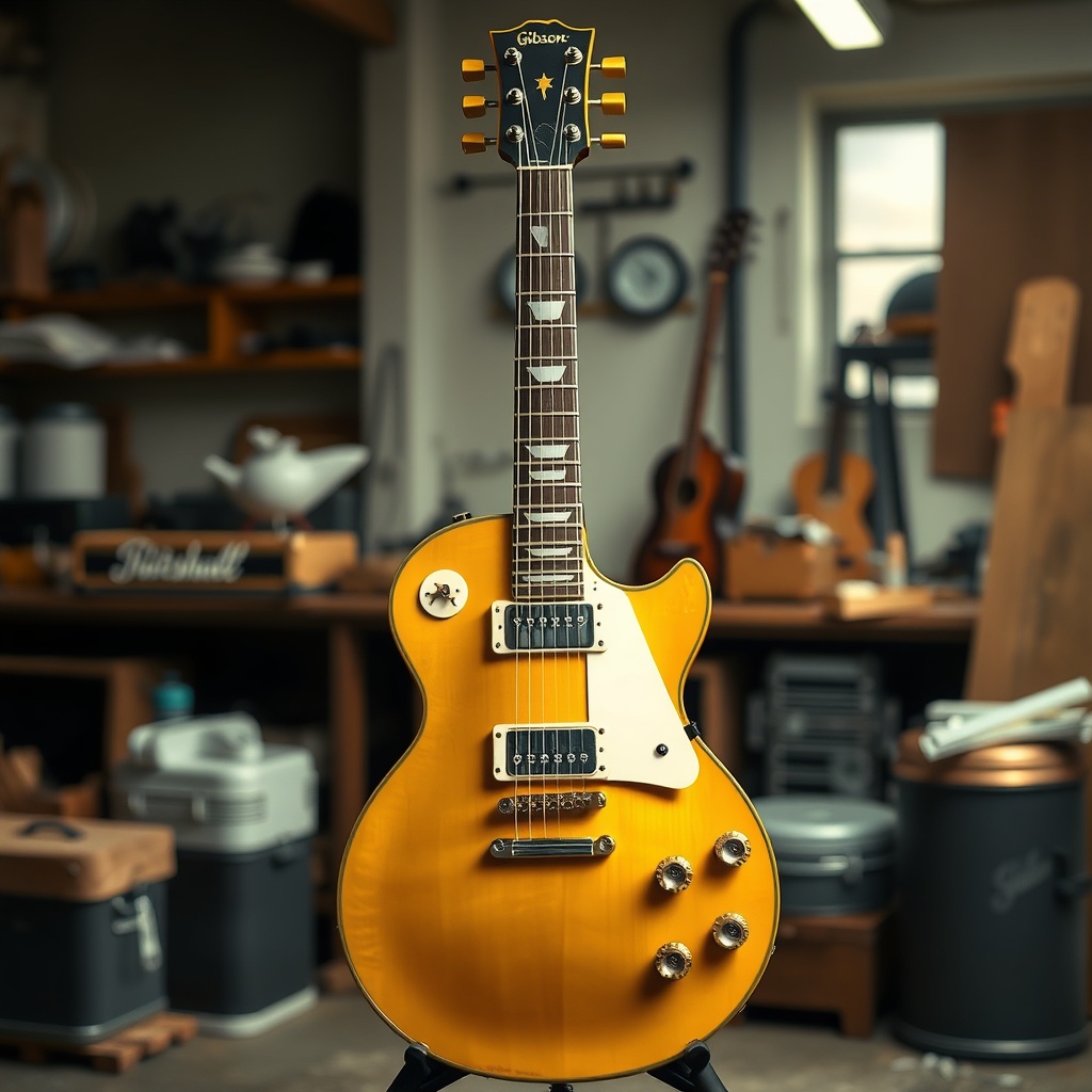 <clean photorealistic photo/illustration of a Gibson Les Paul Standard '60s in a workshop