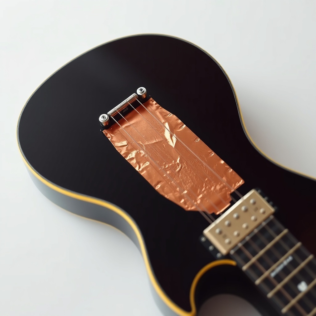 A clean photorealistic photo of a Gibson Les Paul Standard '60s with copper foil shielding