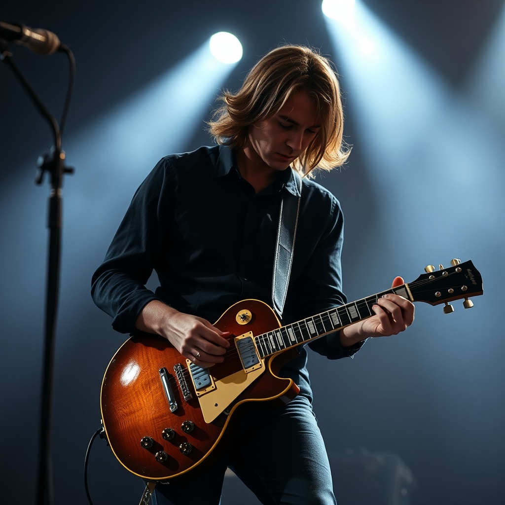 photorealistic image of a musician playing a Gibson Les Paul Standard '60s on stage